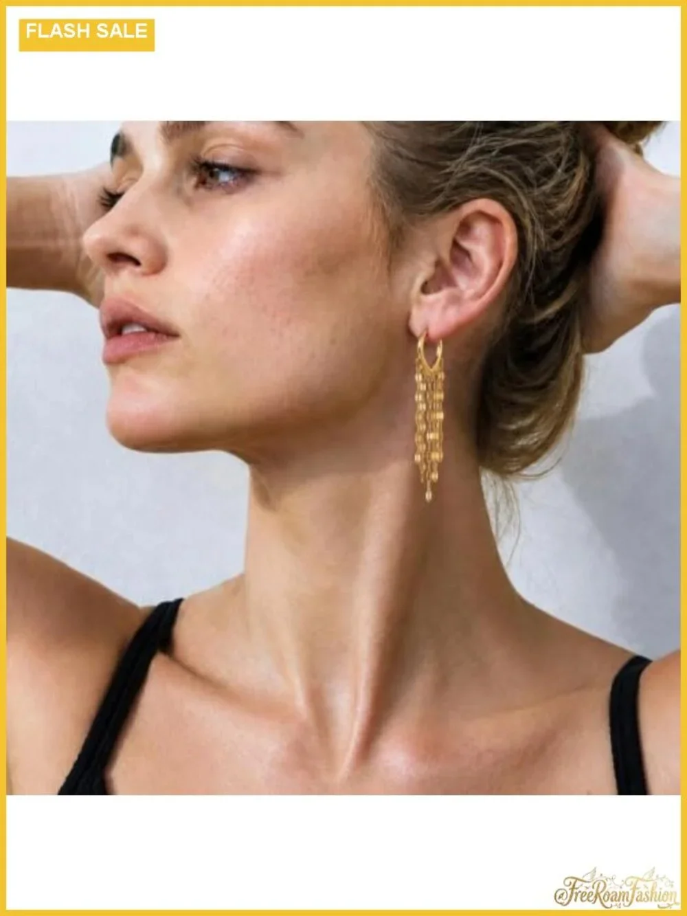 14K Gold Plated Stainless Steel Dangle Hoop Earrings Tassel Chain
